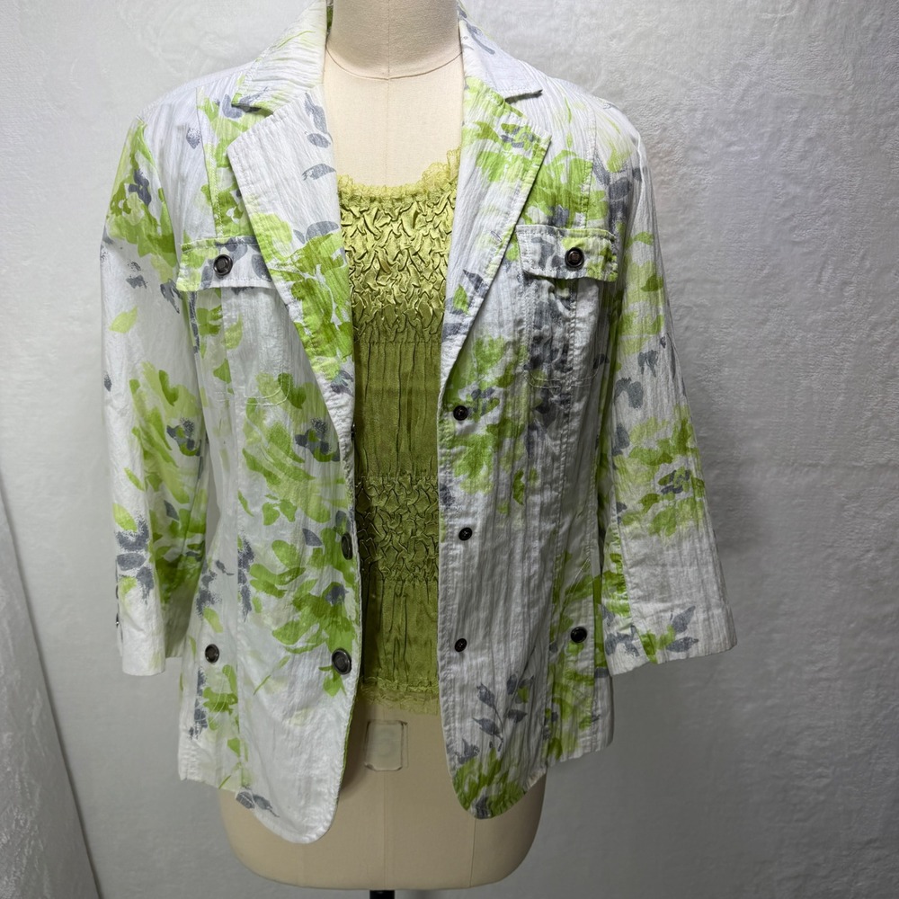 Coldwater Creek Womens 14 Green Lavender Floral Jacket & Smocked Top Set 2pc
